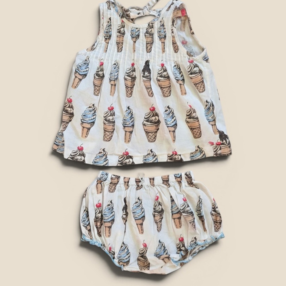 Pink Chicken Ice Cream Cone Print Top and Bloomer Set Girls 18-24M Cotton White